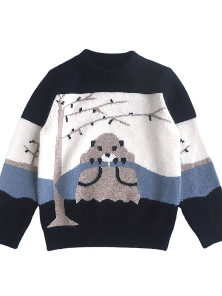 Kids Cozy Animal Otter and Tree Knit Cashmere Crewneck Pullover